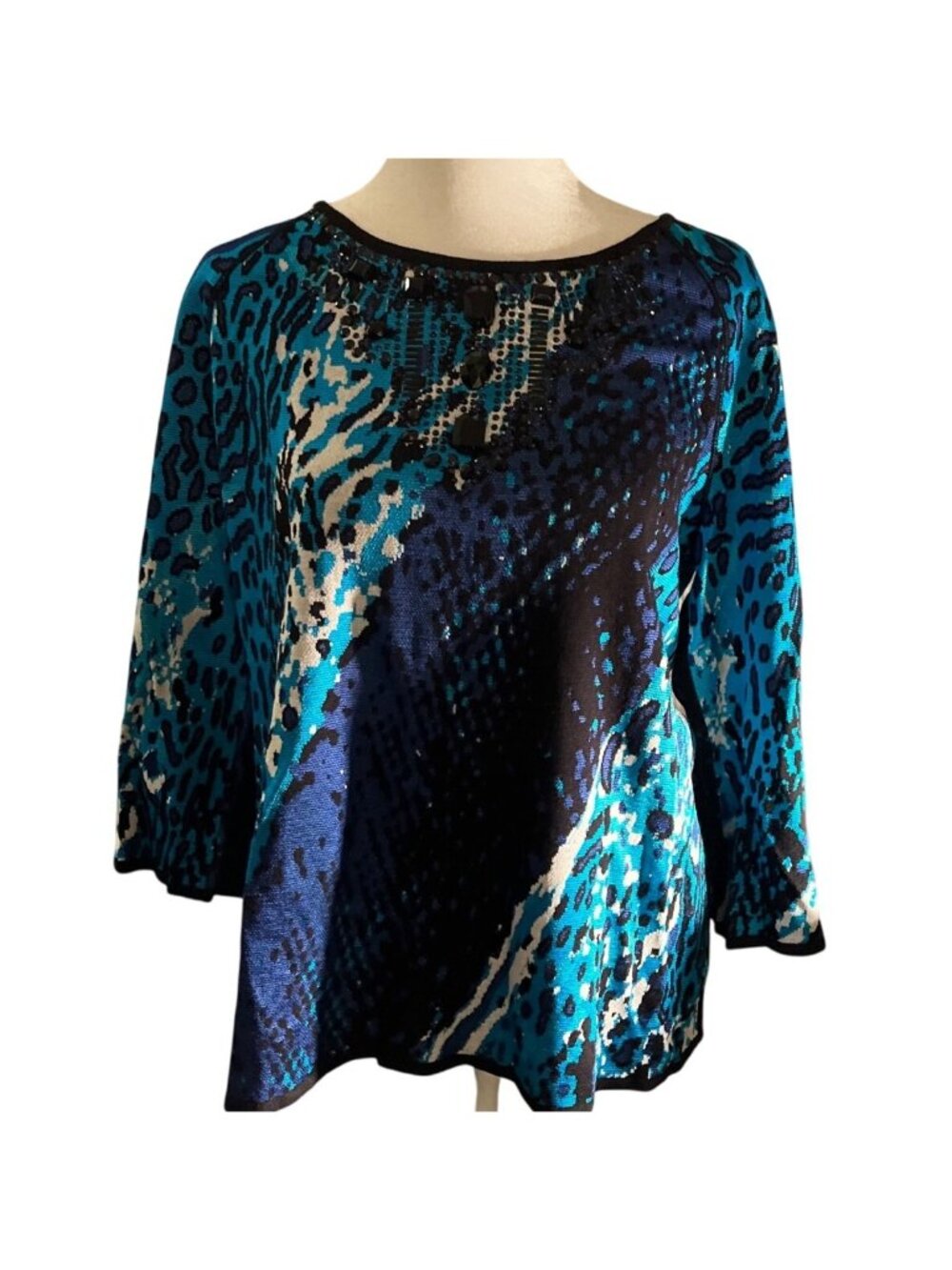 St. JOHN Wool Blend Knit Top M Blue Animal Print Embellished 3/4 Sleeve Scoop